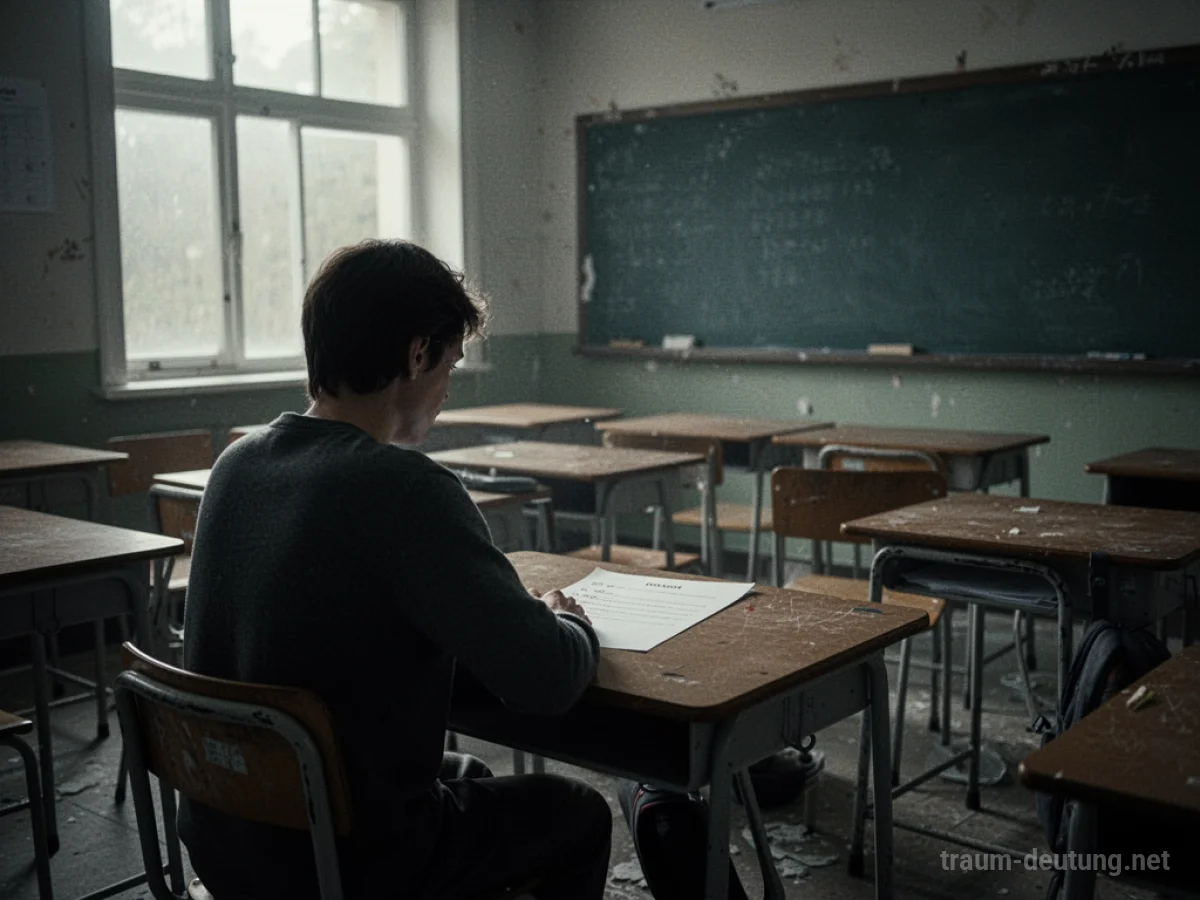 Eine Person sitzt allein an einem Schreibtisch vor einem leeren Prüfungsblatt in einem dunklen Klassenzimmer.