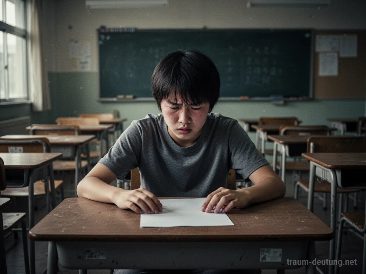 Ein Schüler sitzt verzweifelt vor einem leeren Blatt in einem dunklen Klassenzimmer