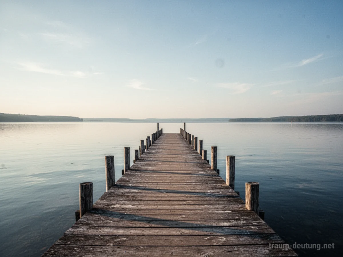 Eine lange Holzseebrücke ragt in einen ruhigen See hinein.