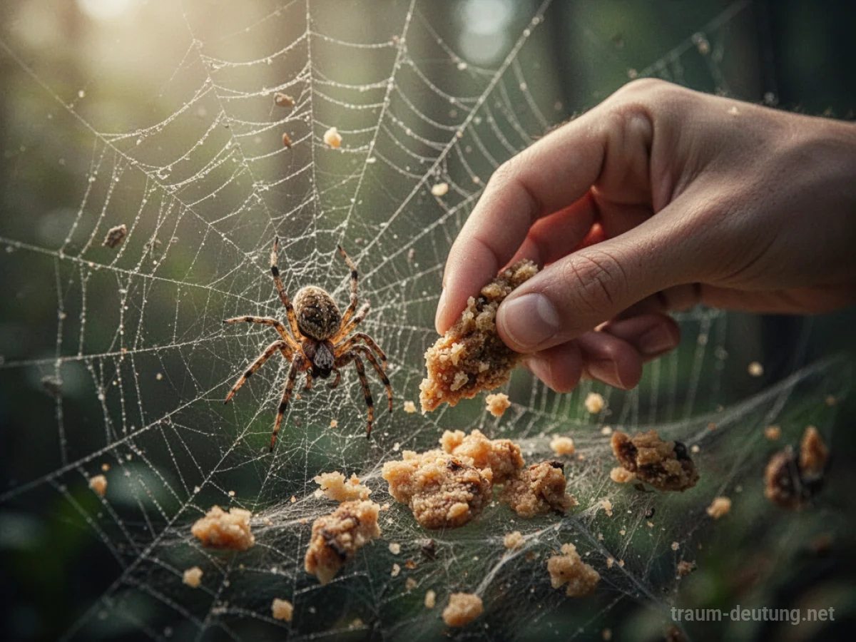 Hand füttert Spinne im Netz