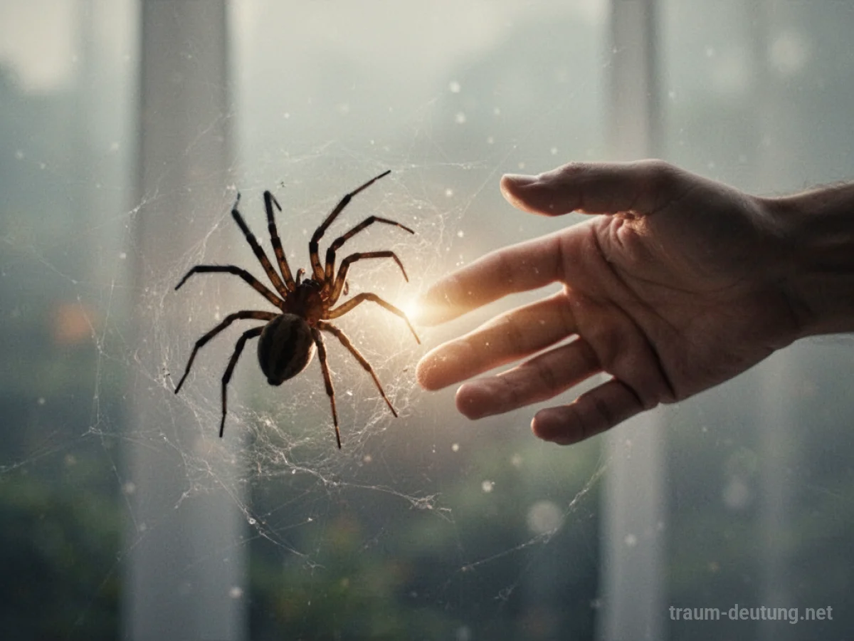 Symbolische Darstellung einer Spinne, die von einer Hand sanft weggeschoben wird.