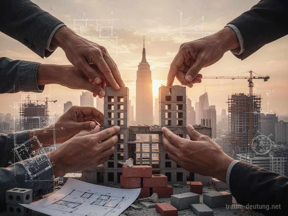 Hände bauen gemeinsam eine Stadt-Silhouette im Morgengrauen
