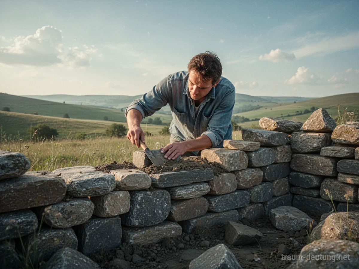 Eine Person baut eine Steinmauer in einer ruhigen Landschaft.