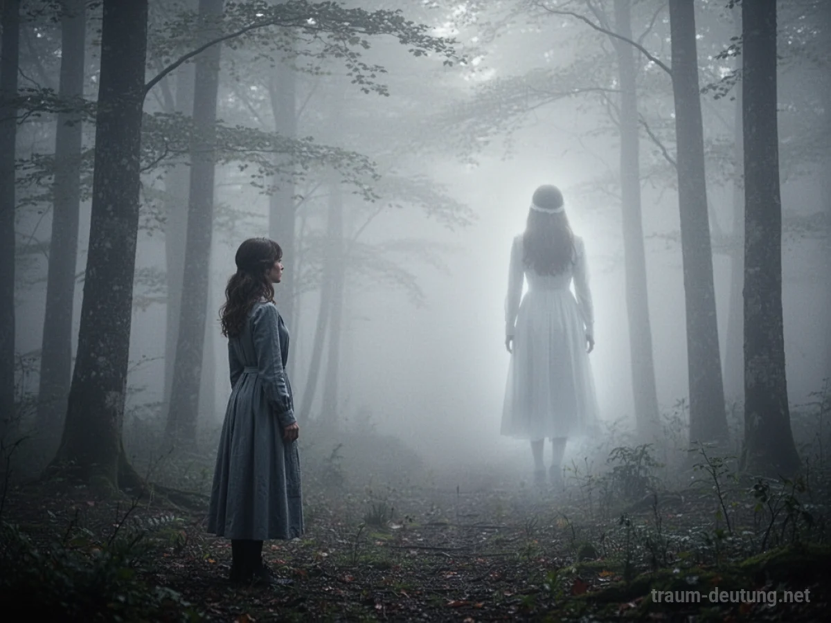 Geisterhafte Silhouette einer Schwester, die im Nebel verschwindet, während eine Frau zusieht