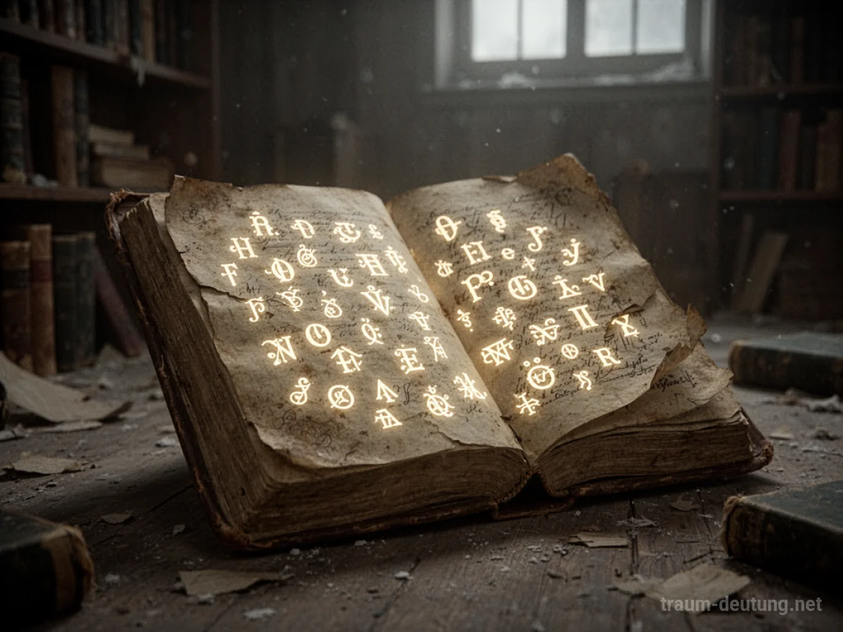 Altes Buch mit leuchtenden Symbolen in einer staubigen Bibliothek