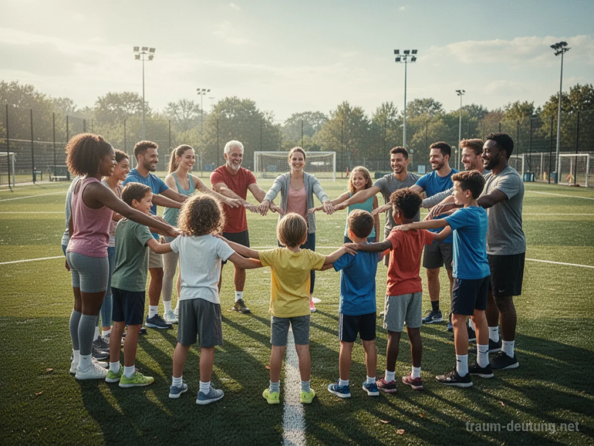 Menschen unterschiedlichen Alters bilden einen Kreis auf einem Sportplatz