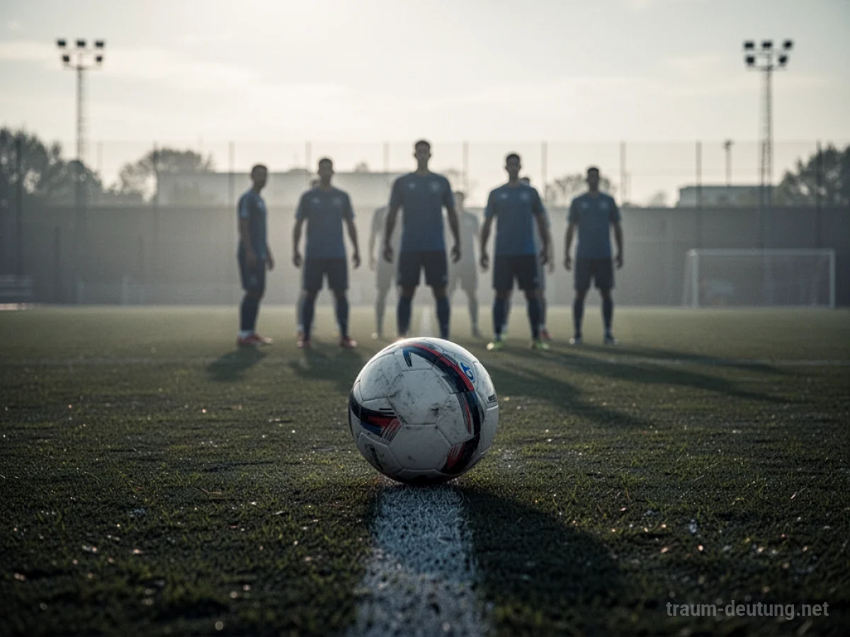 Ein Fußball rollt vom Spielfeld weg, weg von einer Gruppe von Menschen.