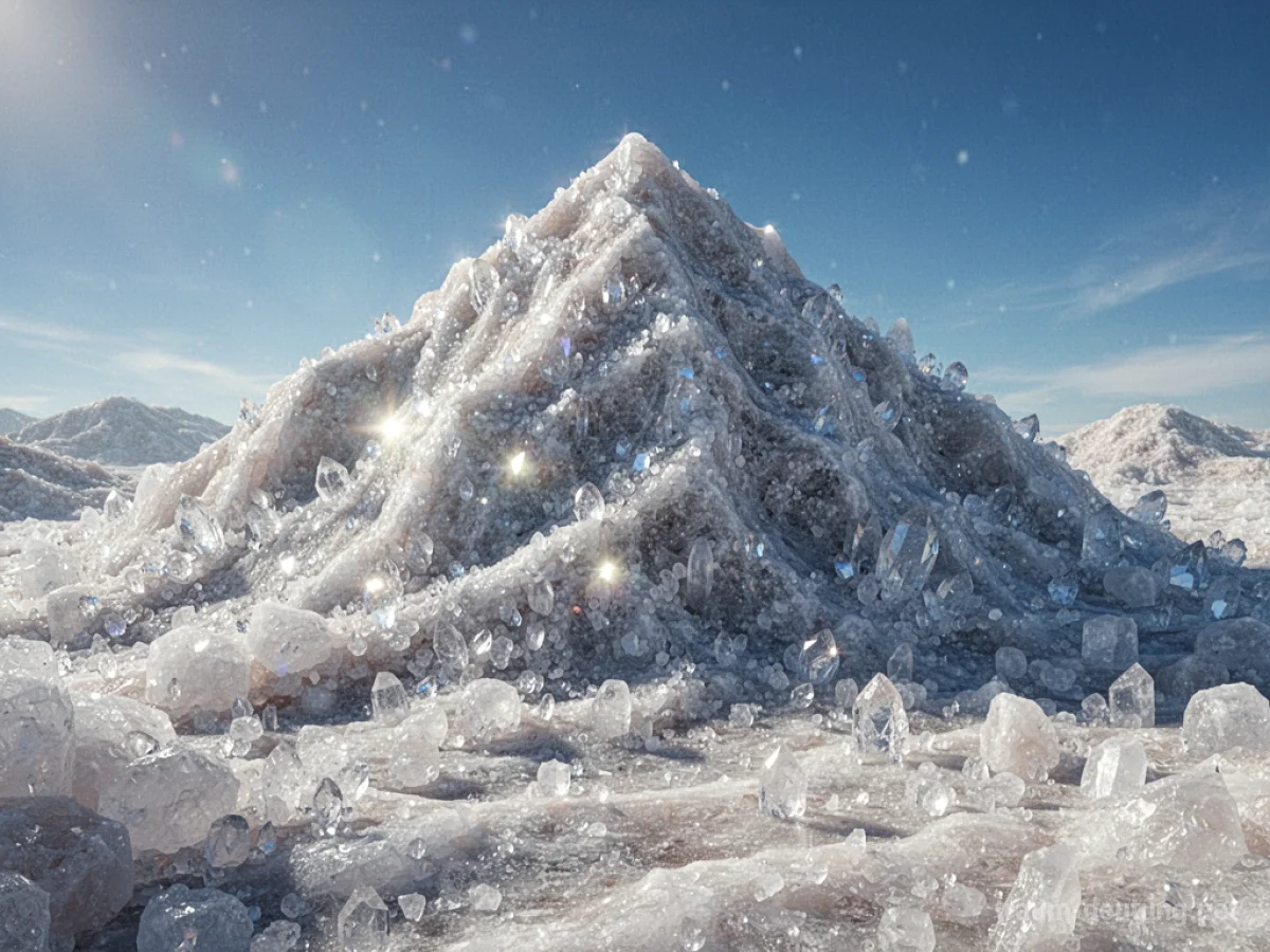 Ein riesiger Berg aus glitzernden Salzkristallen in strahlendem Sonnenlicht.