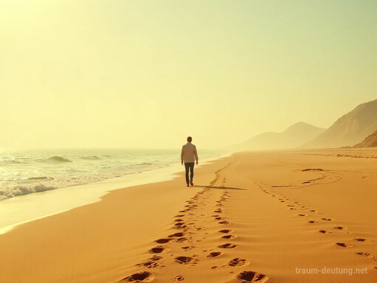 Person verlässt einen einsamen Sandstrand in Richtung Horizont