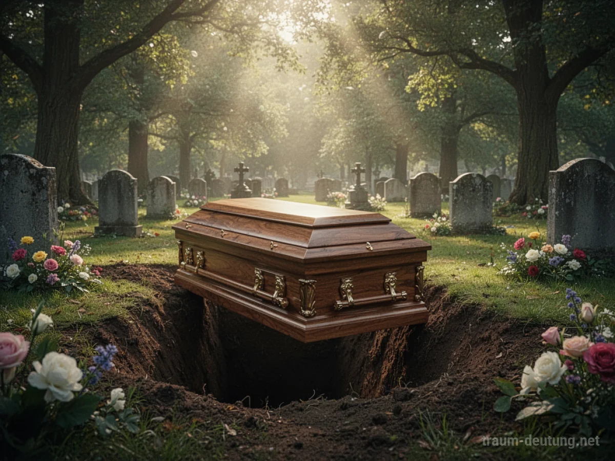 Sarg wird in der Erde begraben, Friedhof mit Bäumen im Hintergrund