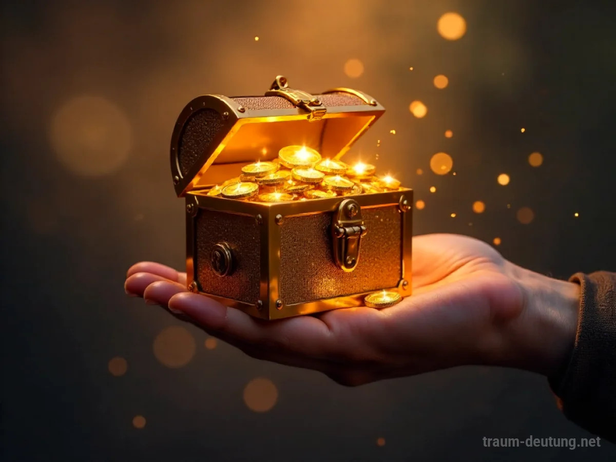Eine Hand erhält eine leuchtende Schatztruhe voller Goldmünzen und Juwelen.