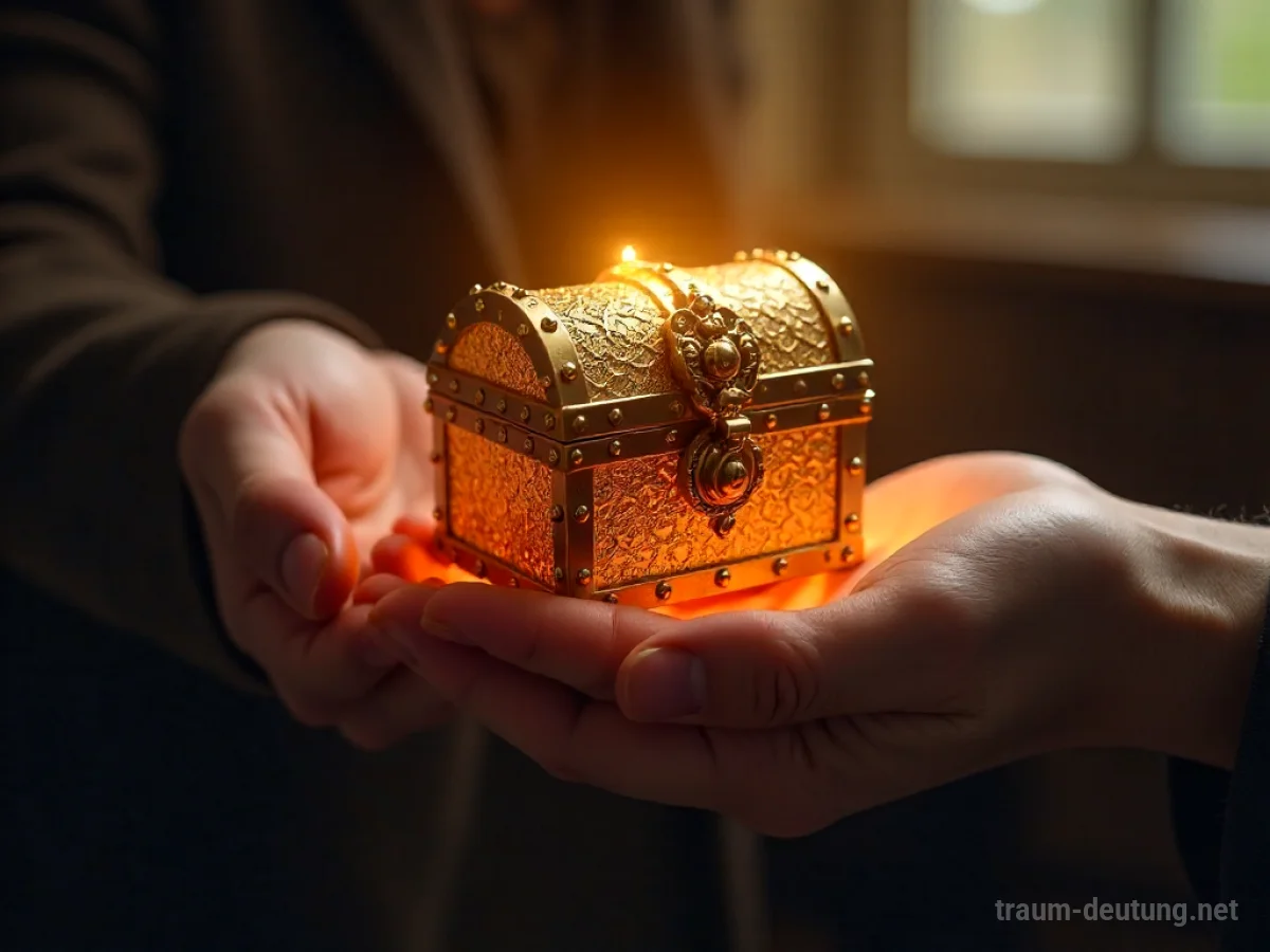 Eine Hand überreicht eine leuchtende Schatzkiste an eine andere Hand.