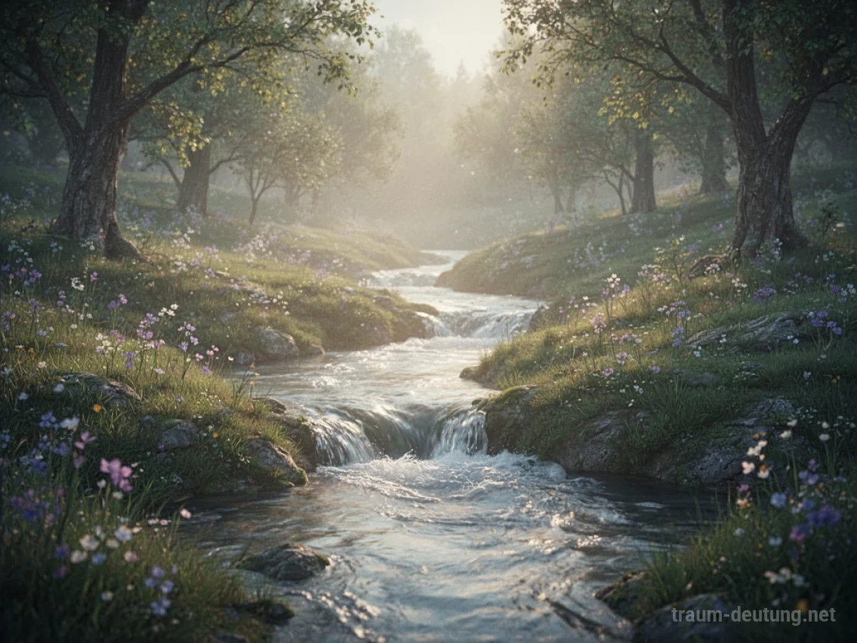 Ein leuchtender Seelenstrom fließt ruhig durch eine friedliche, ätherische Landschaft.
