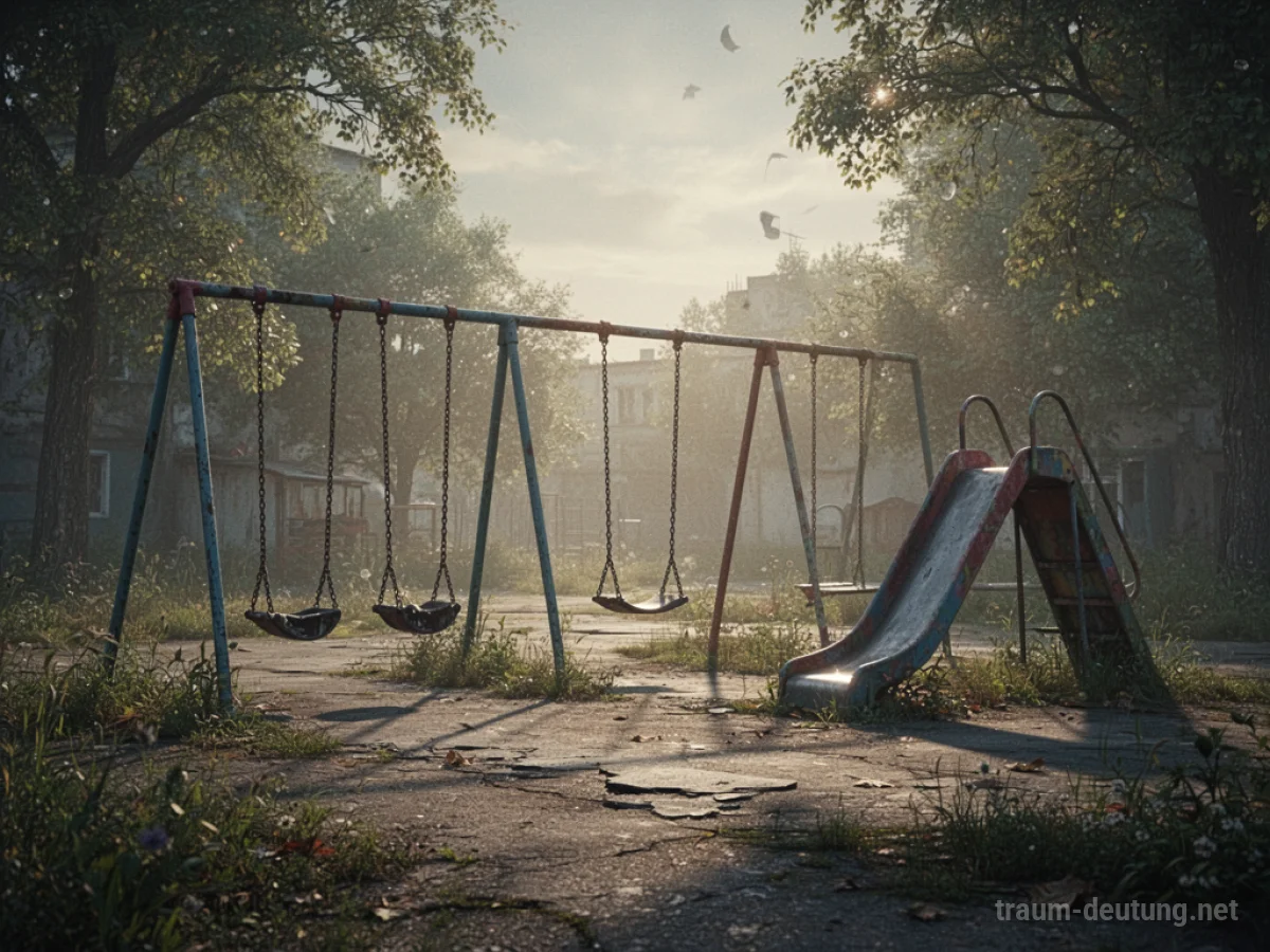 Ein verlassener Spielplatz mit Schaukeln und Rutsche im sanften Licht.