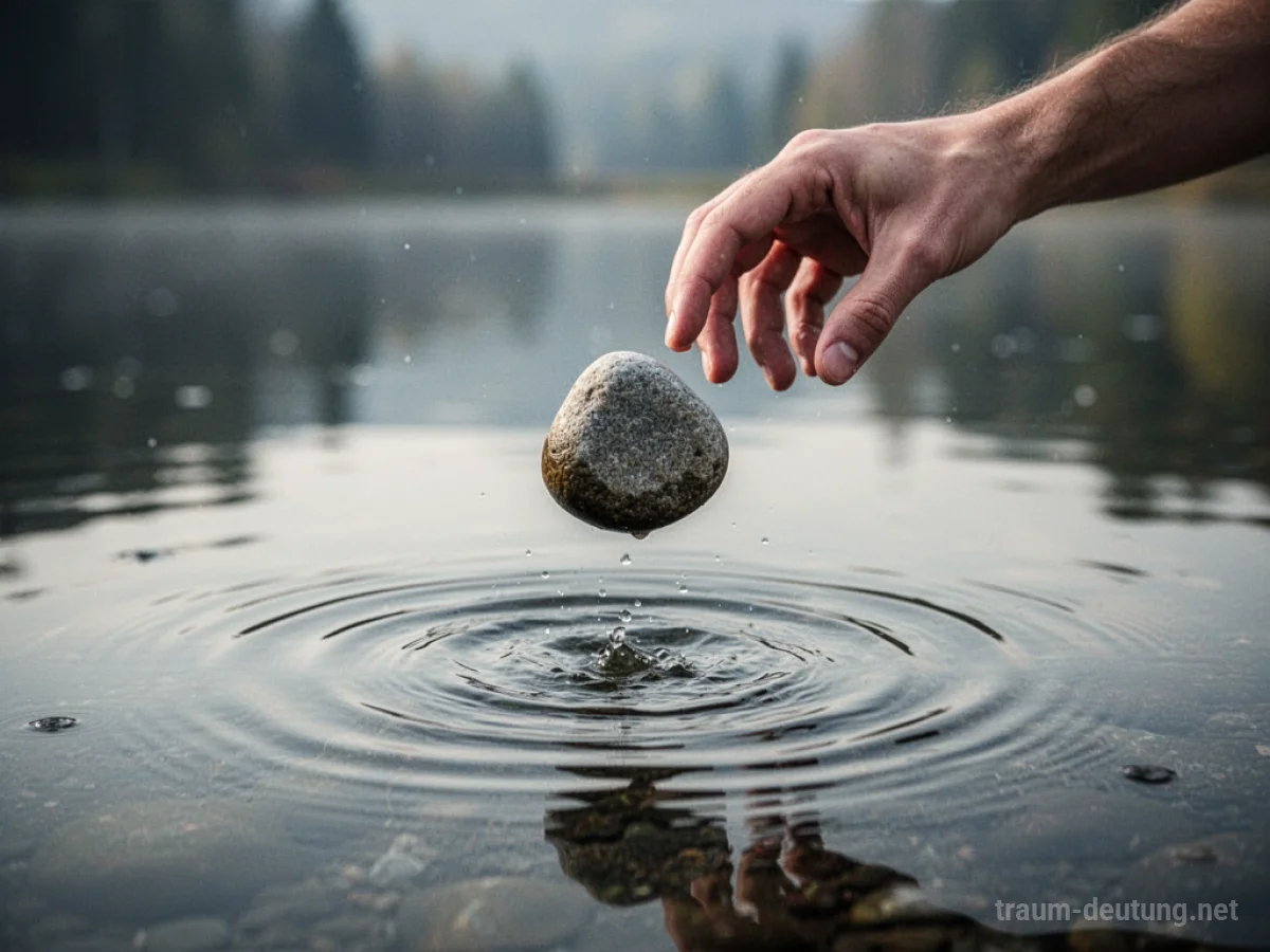 Hand wirft Stein ins Wasser, erzeugt Wellen