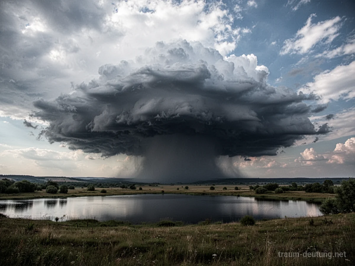 Ein entfernter Sturm am Horizont über einer ruhigen Landschaft.
