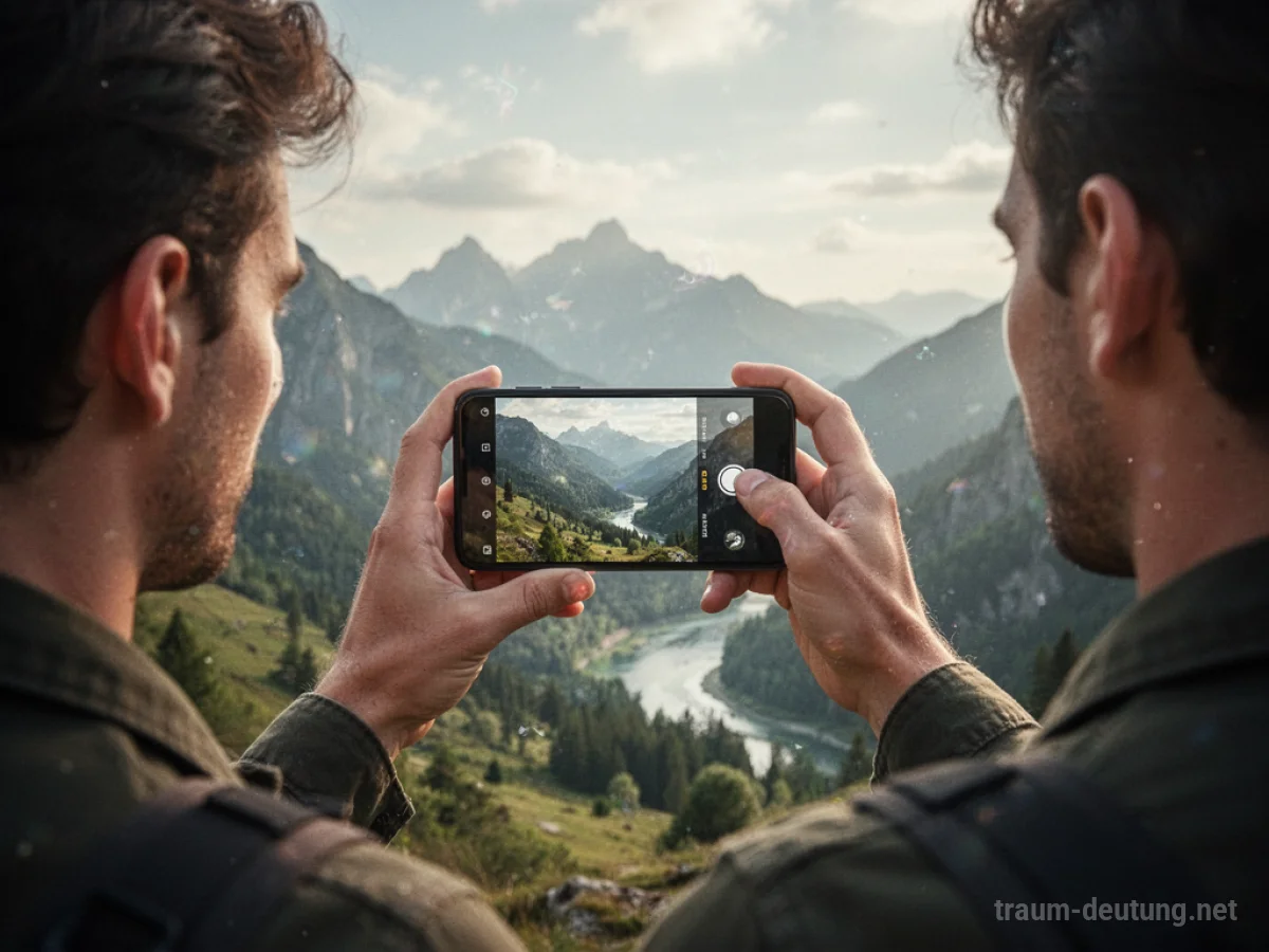 Eine Hand hält ein Smartphone und macht ein Foto von einer sonnigen Landschaft.