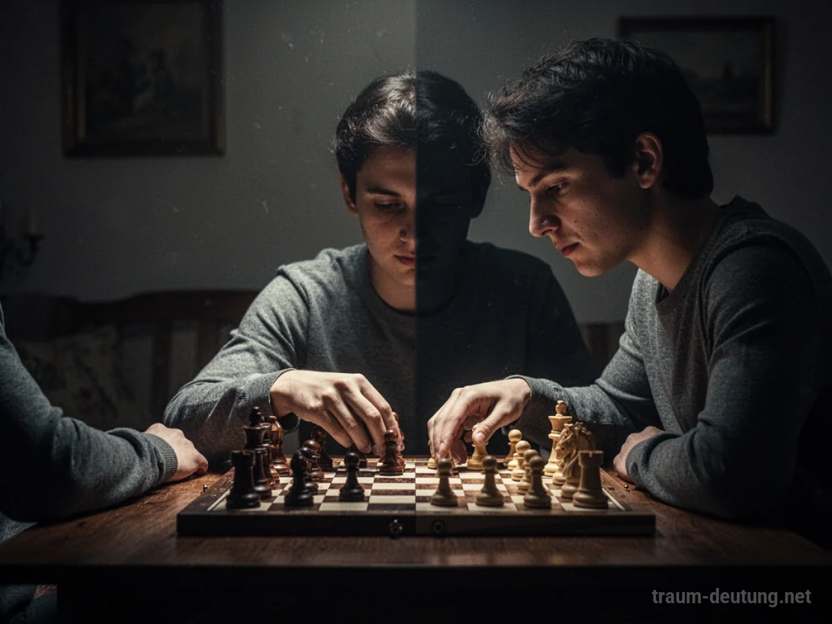 Person spielt Schach allein gegen sich selbst am Tisch
