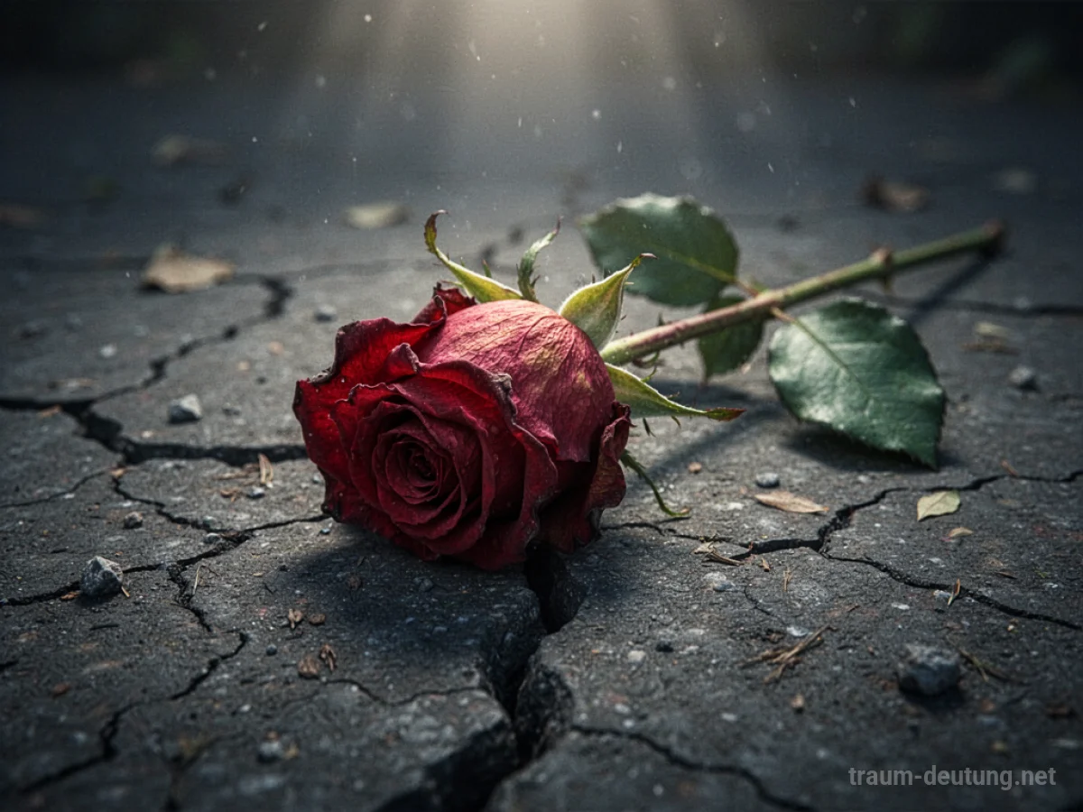 Eine einzelne, welkende rote Rose auf dunklem, rissigem Untergrund.