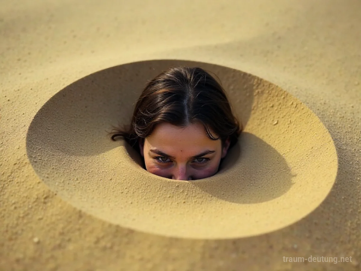 Eine Person versinkt langsam im Sand, nur der Kopf und die Schultern sind sichtbar.