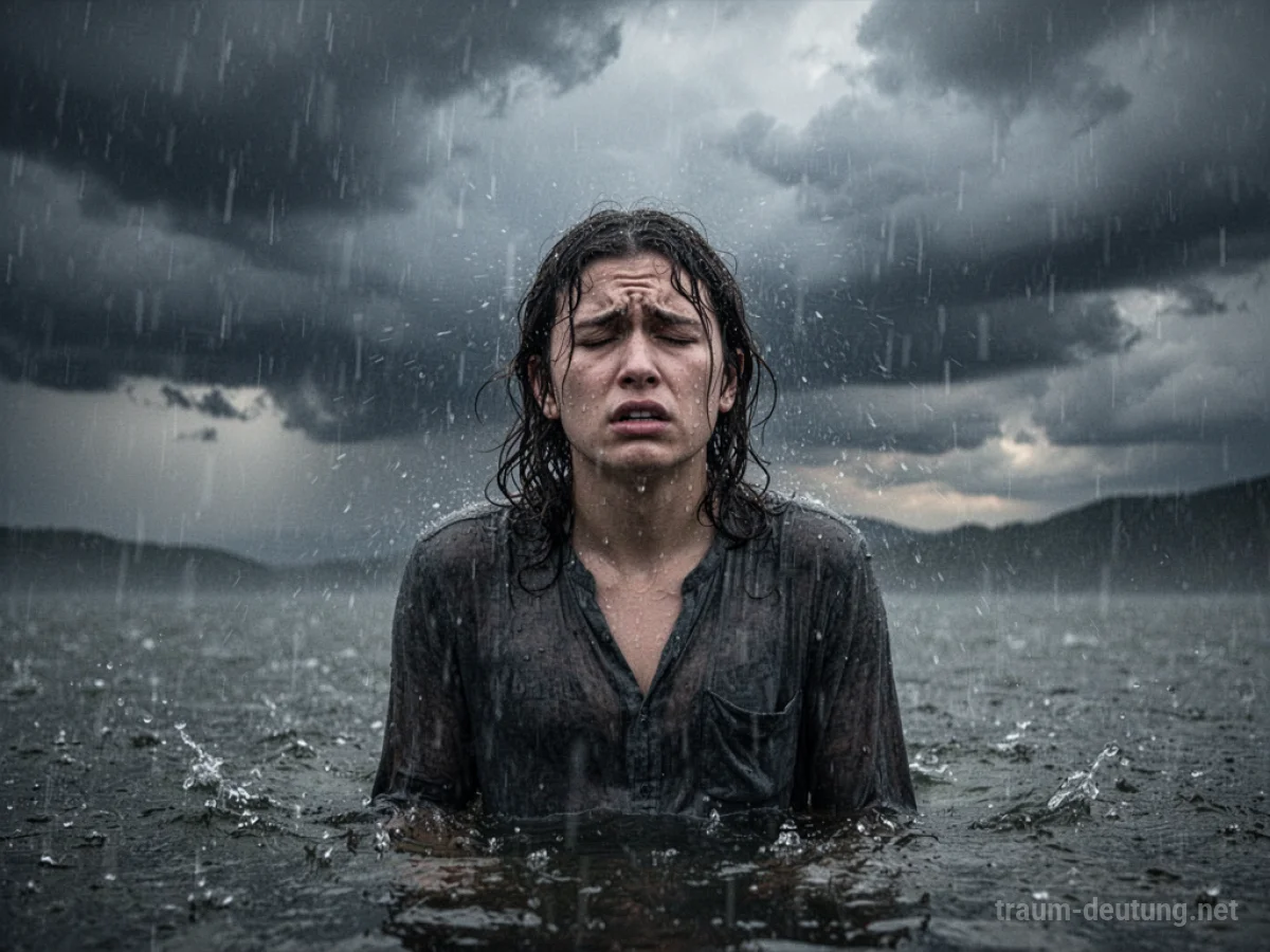 Person steht im starken Regen eines Sturms, dunkle Wolken und Wind.