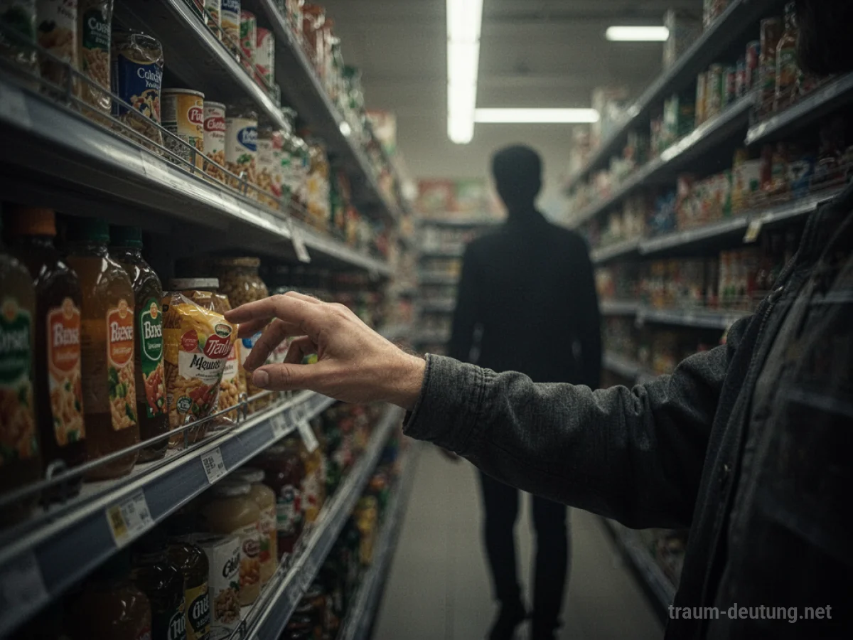 Hand greift im Supermarkt nach einem Produkt, Schatten im Hintergrund