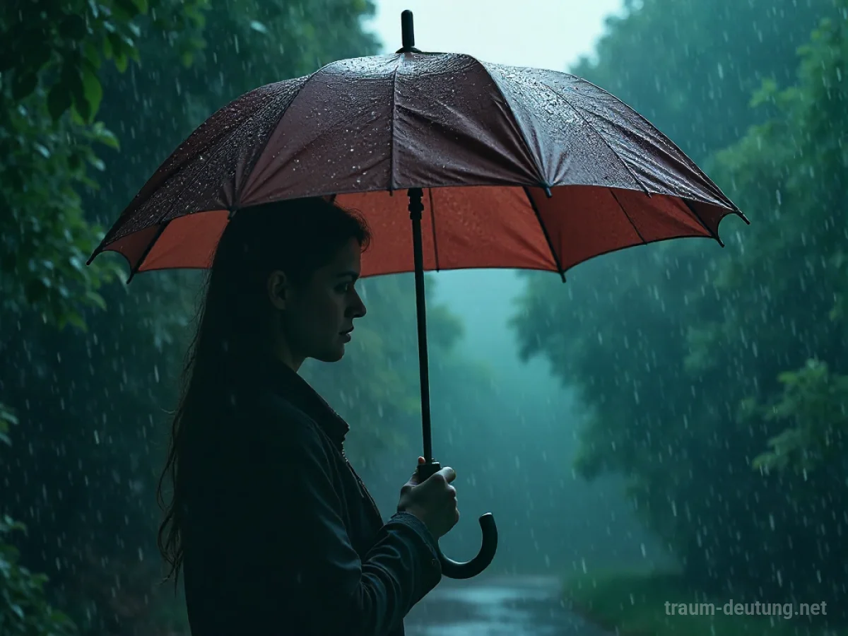 Person mit kaputtem Schirm im Regen stehend