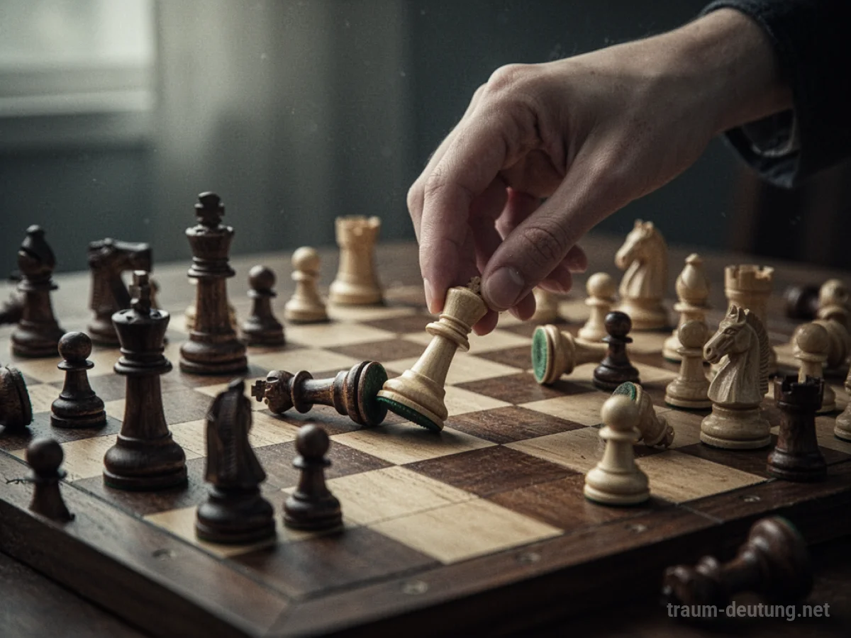 Unterbrochenes Schachspiel mit verstreuten Figuren, eine Hand schwebt über einem gefallenen Bauern.