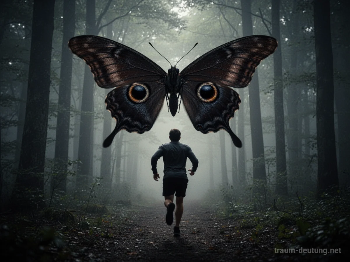 Silhouette einer Person, die vor einem riesigen Schmetterling in einem dunklen Wald flüchtet.