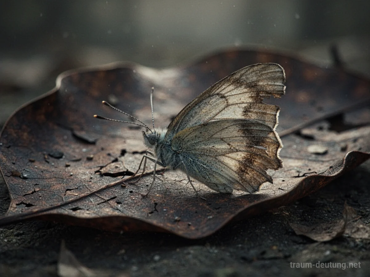 Ein welker Schmetterling liegt auf einem Blatt.