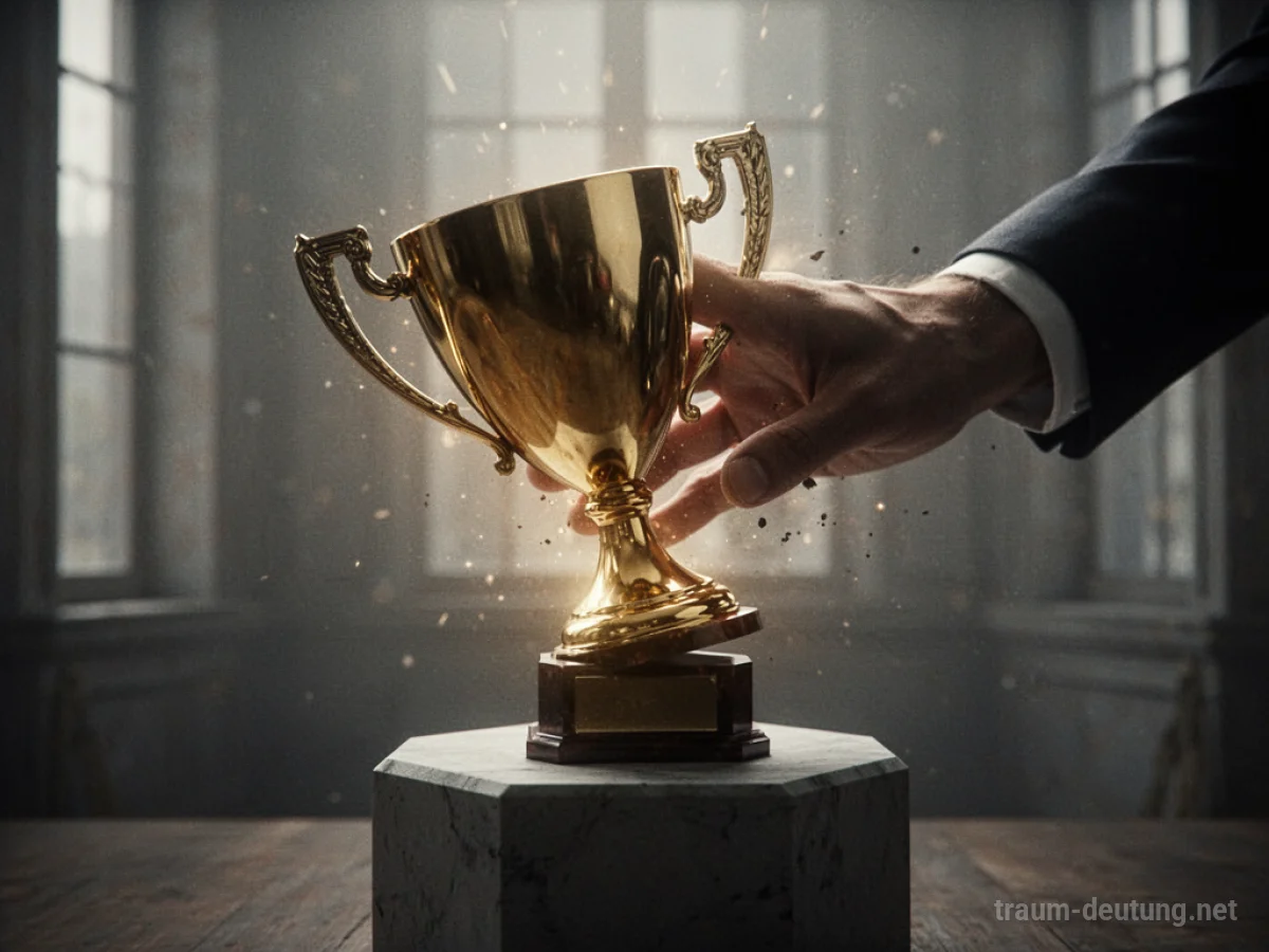 Schattenhafte Hand entreißt Trophäe von einem Podest, Siegessymbol verliert seinen Glanz.