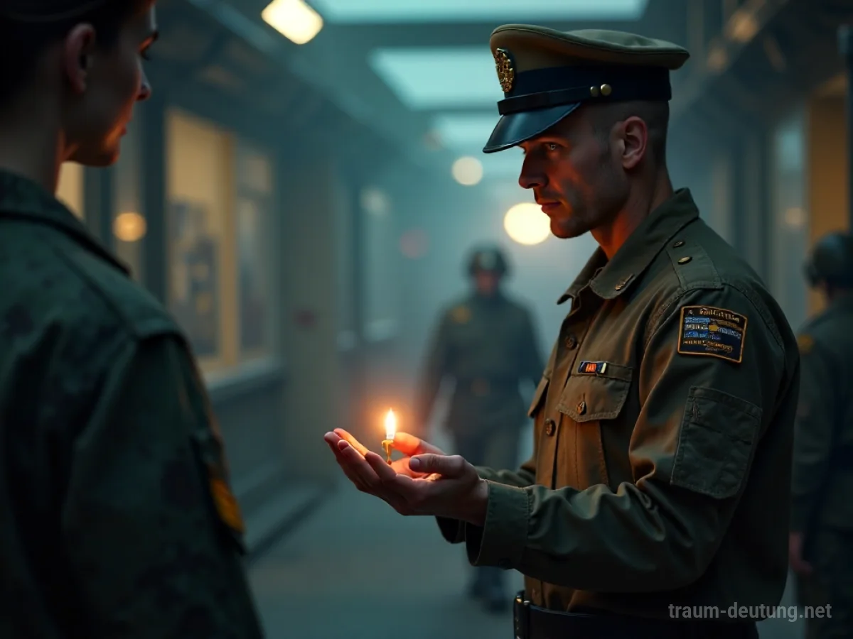Ein Soldat reicht einer Person ein leuchtendes Objekt im Traum.