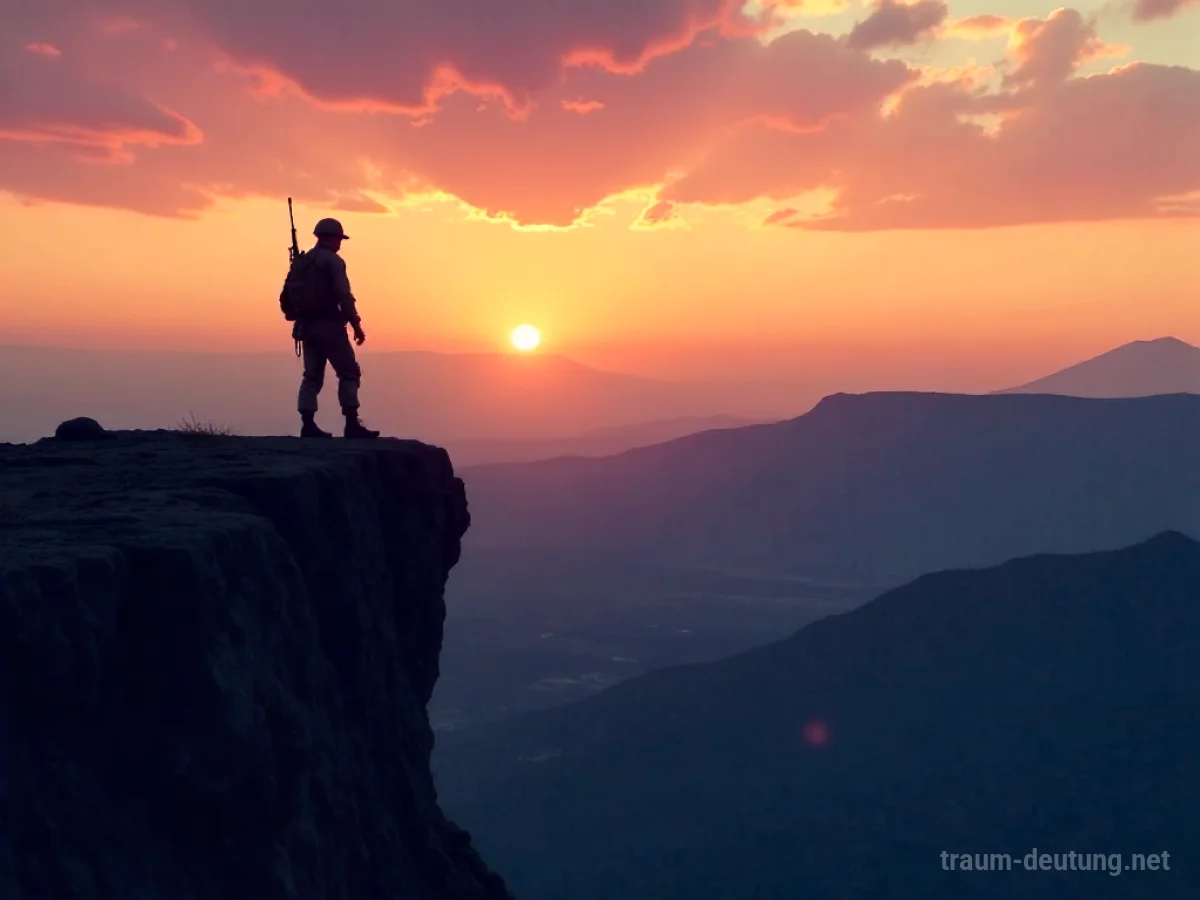 Silhouette eines Soldaten am Rande einer Klippe mit Blick auf eine weite Landschaft bei Dämmerung.