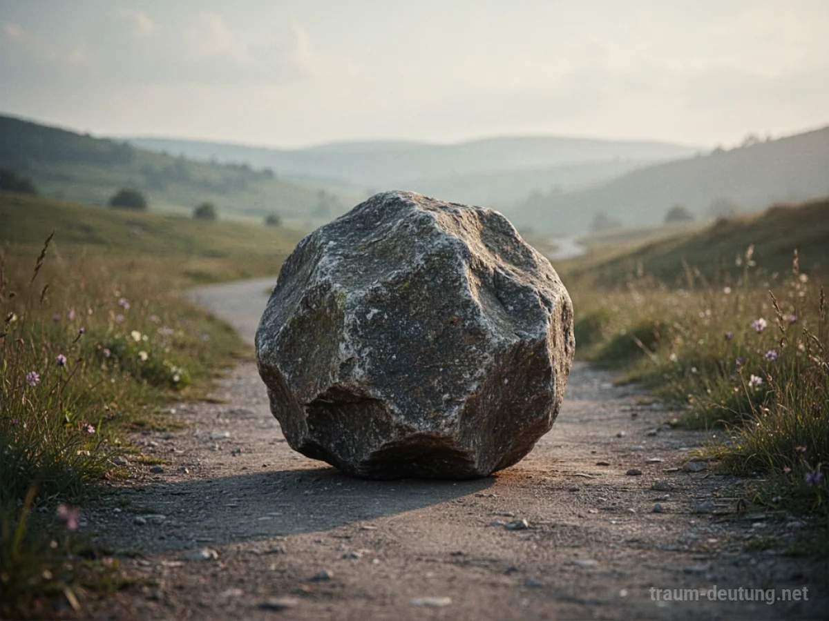 Ein großer Stein versperrt einen Weg in einer friedlichen Landschaft.