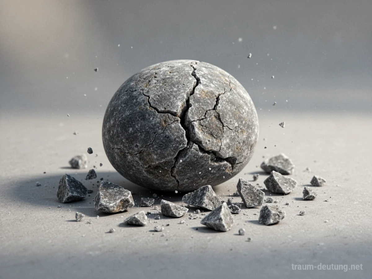 Ein Stein zerbricht in viele kleine Stücke auf hellem Untergrund.