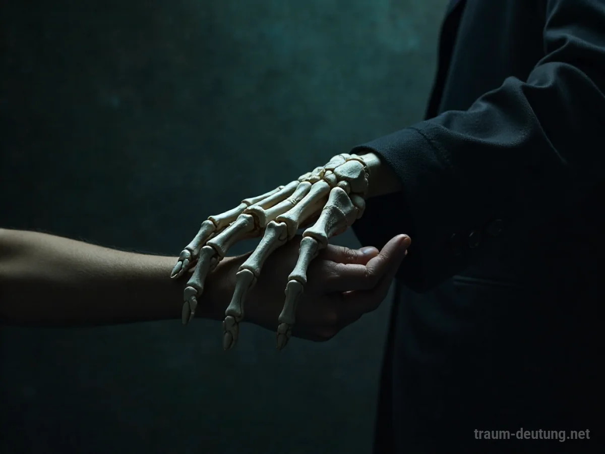 Eine Skeletthand berührt sanft den Arm einer Person im Dunkeln.