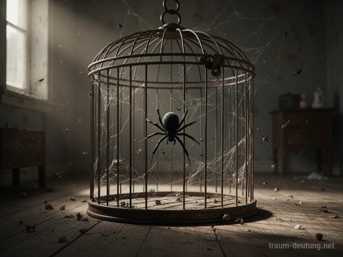 Spinne entkommt aus einem Käfig im Schatten