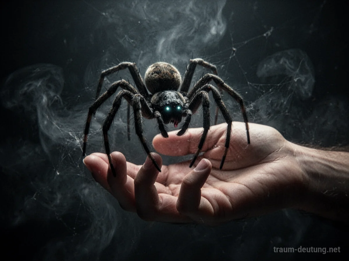 Schattenhafte Spinne kurz vor dem Biss an einer Hand im Nebel