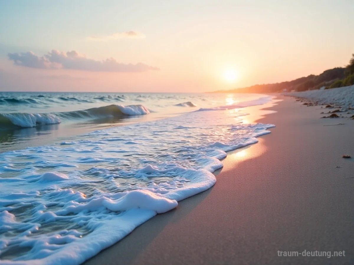 Ein ruhiger Strand bei Sonnenaufgang mit sanften Wellen.