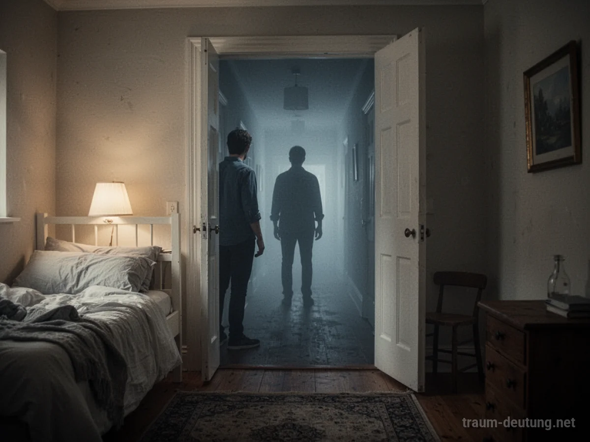 Person im Schlafzimmer, die den dunklen Ausgang nicht betreten kann