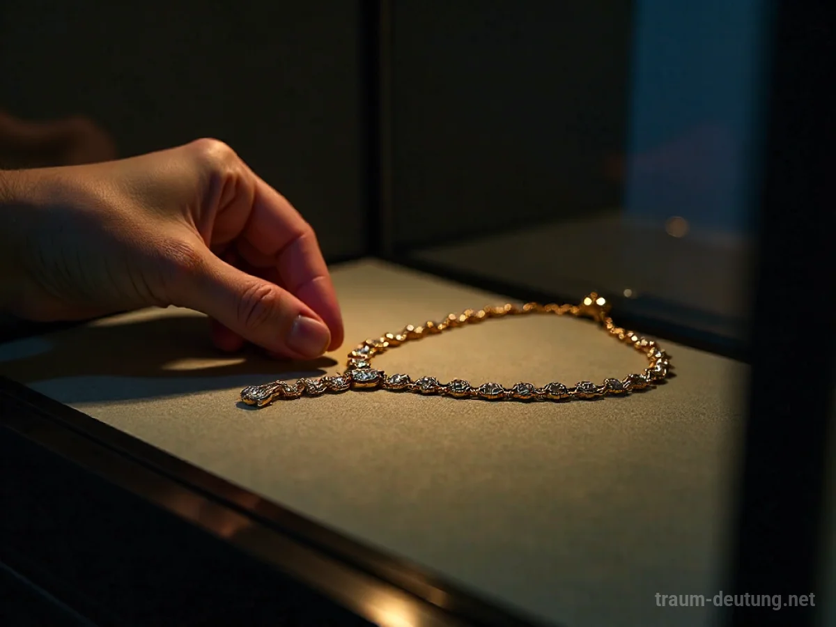 Hand stiehlt glitzernden Schmuck aus einer Vitrine im Dunkeln.