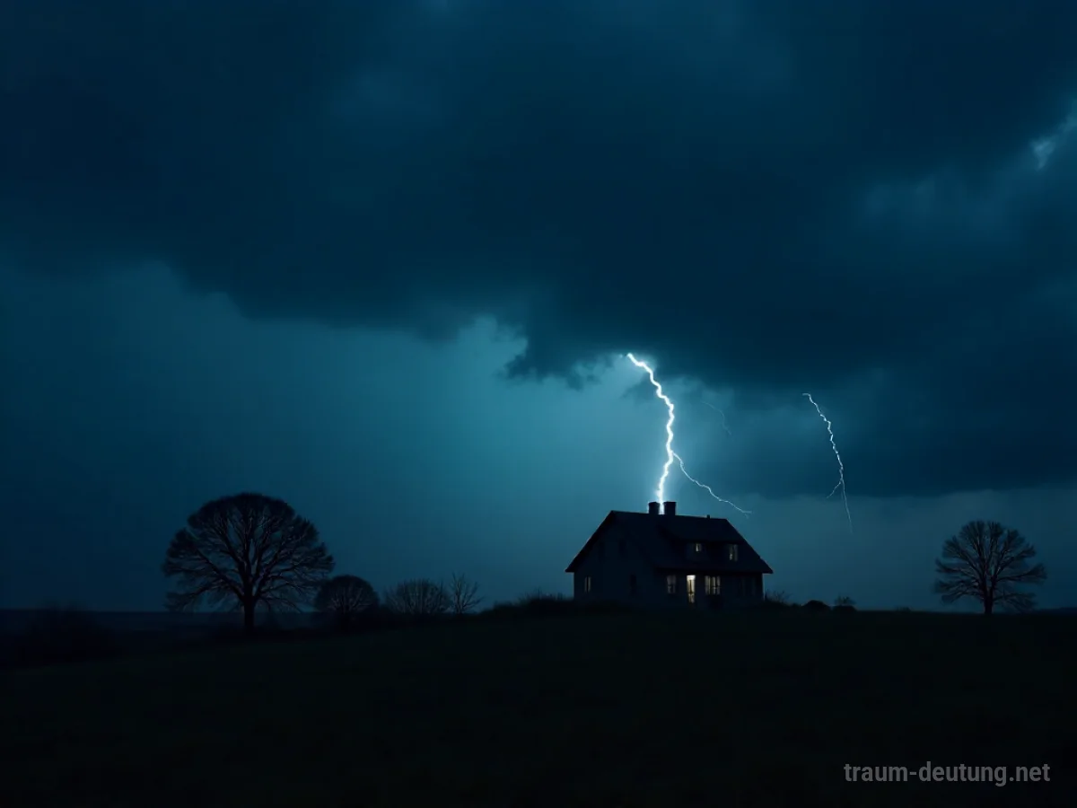 Haus unter dunklem Himmel, auf das Lichtspuren zukommen