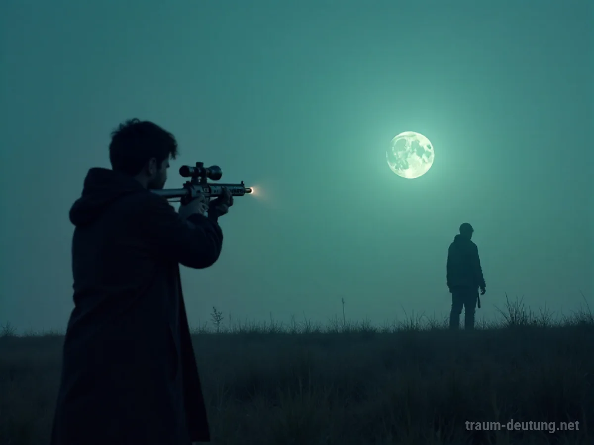 Silhouette einer Person, die in einem leeren Feld steht, während eine Schattenfigur auf sie zielt.