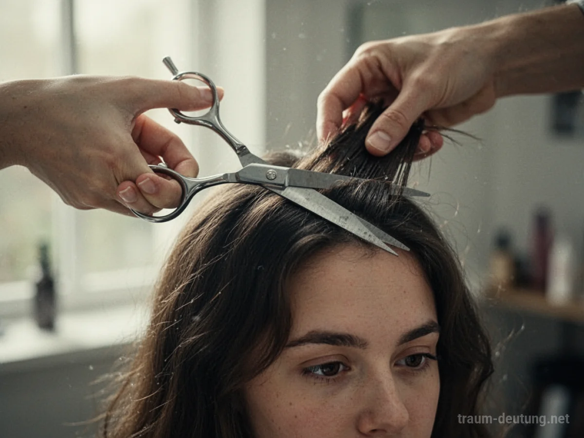 Eine Schere wird über dem Haar einer Person gehalten.