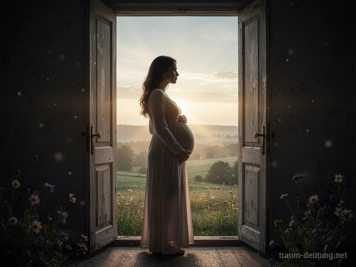 Silhouette einer schwangeren Frau im Türrahmen mit Blick auf eine helle Landschaft