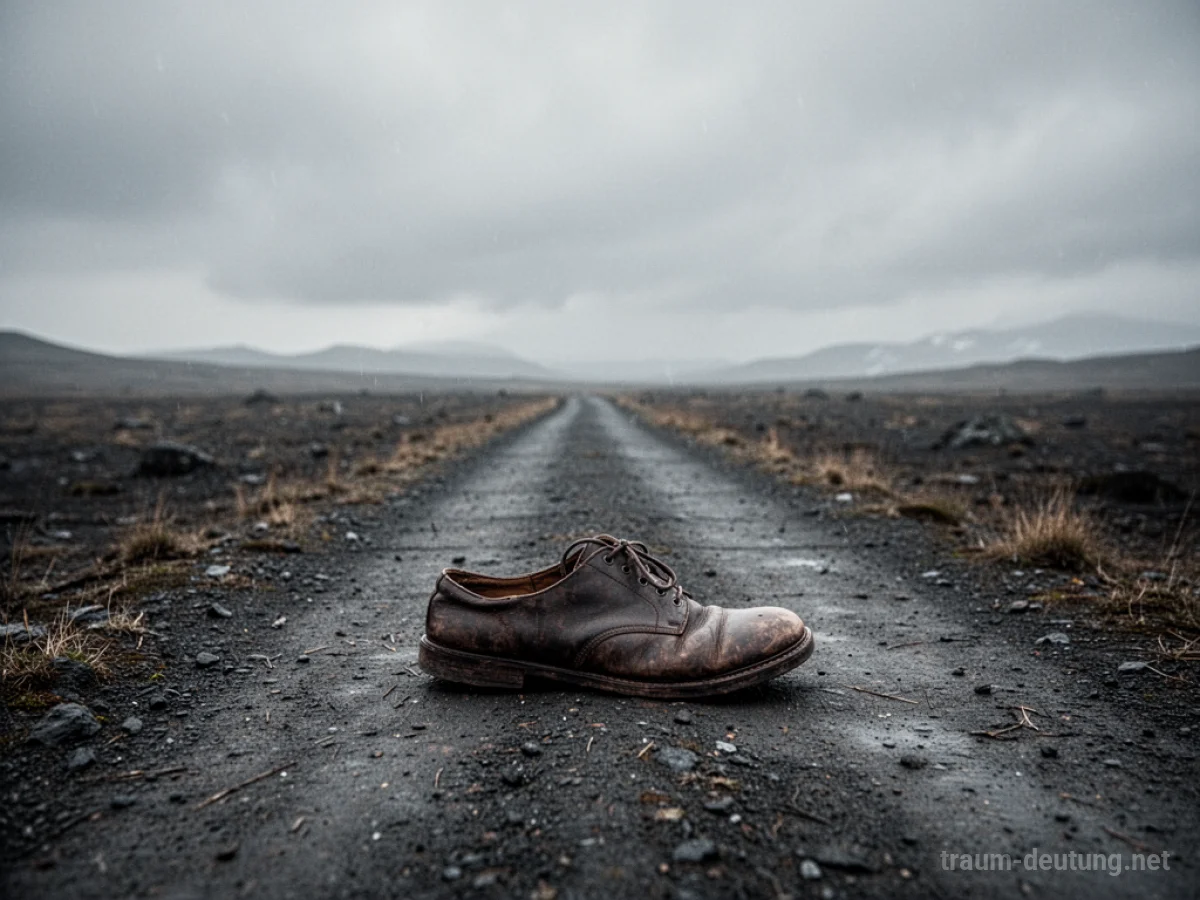 Ein einzelner Schuh liegt auf einem leeren Weg in einer weiten, trostlosen Landschaft.