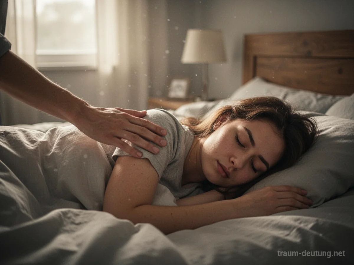 Eine Hand berührt sanft die Schulter einer schlafenden Person im Morgenlicht.