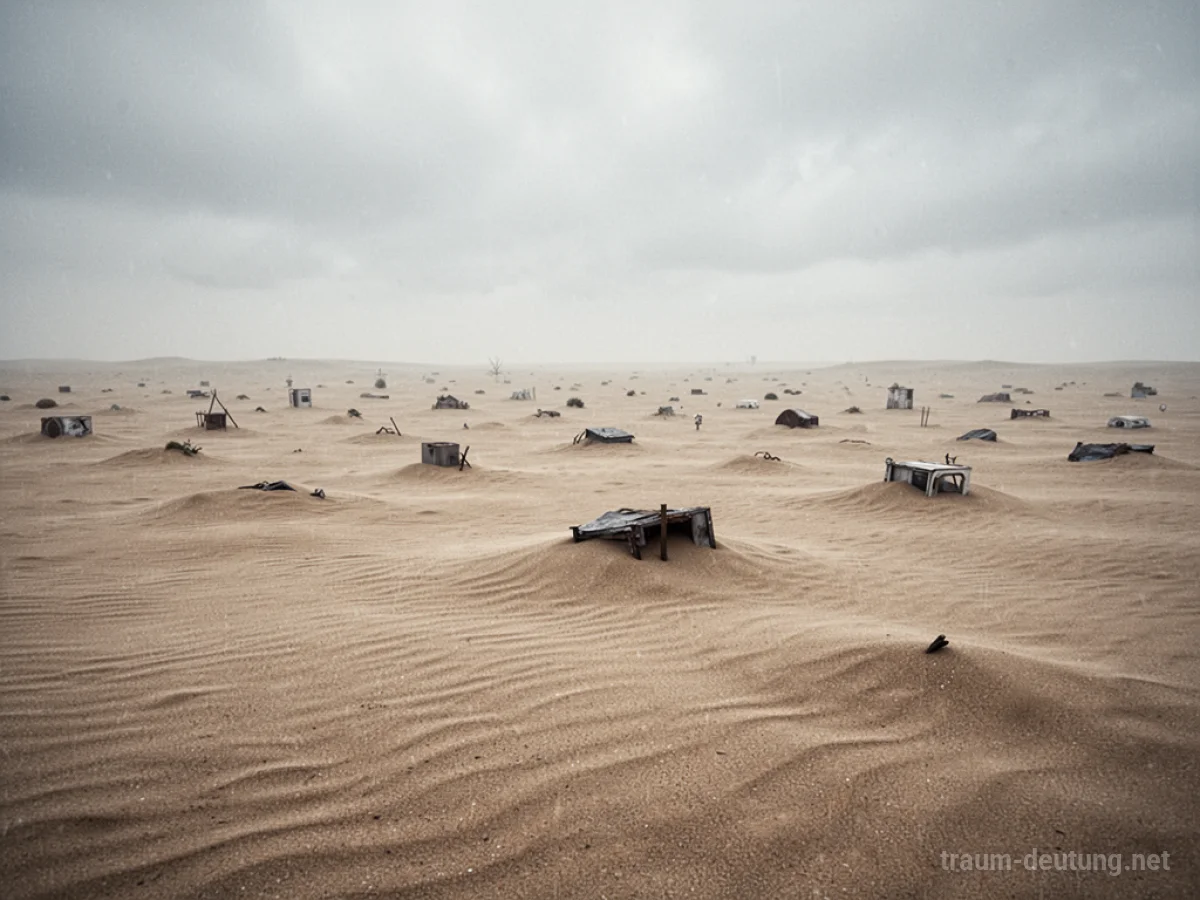 Landschaft unter einer dicken Sandschicht, nur die Spitzen ragen hervor.
