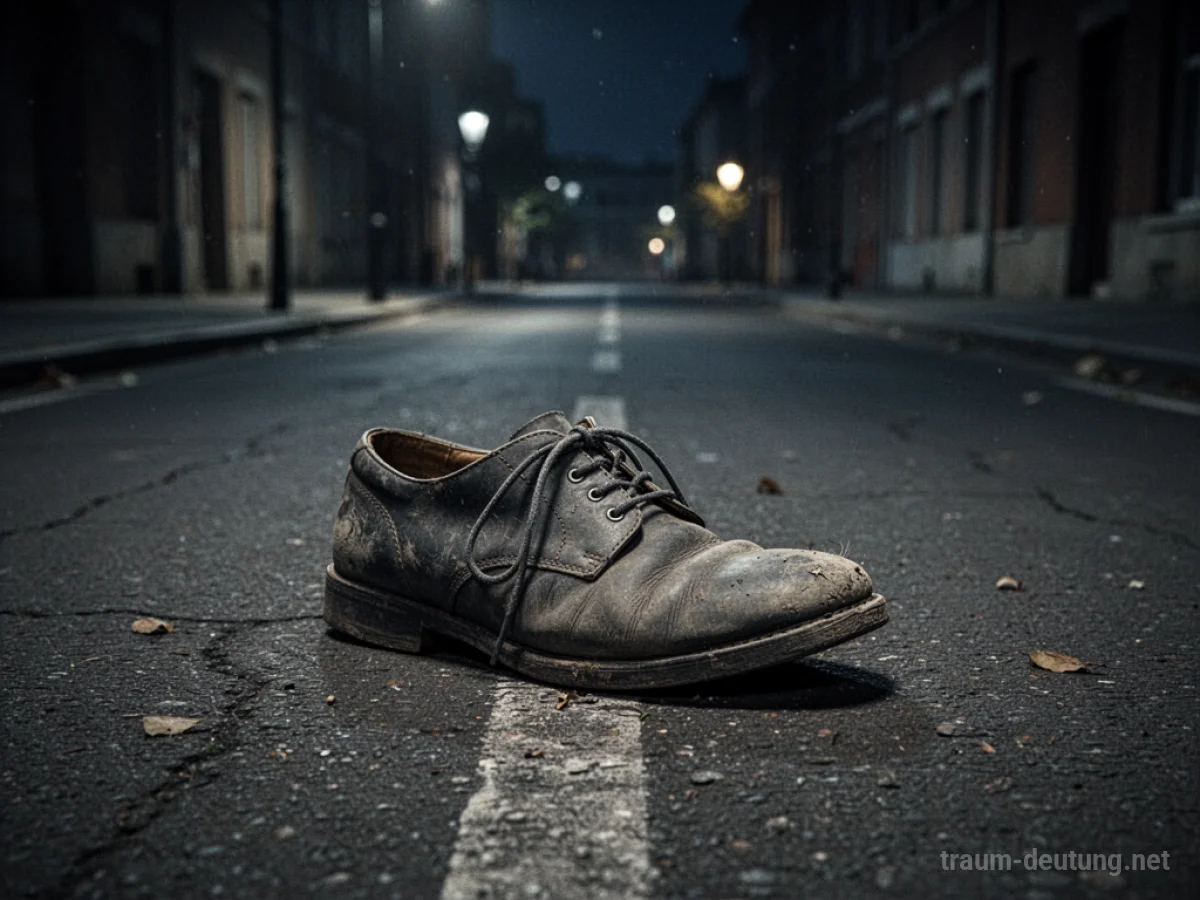 Ein einzelner Schuh liegt auf einer dunklen Straße, was Verlust und Unsicherheit symbolisiert.