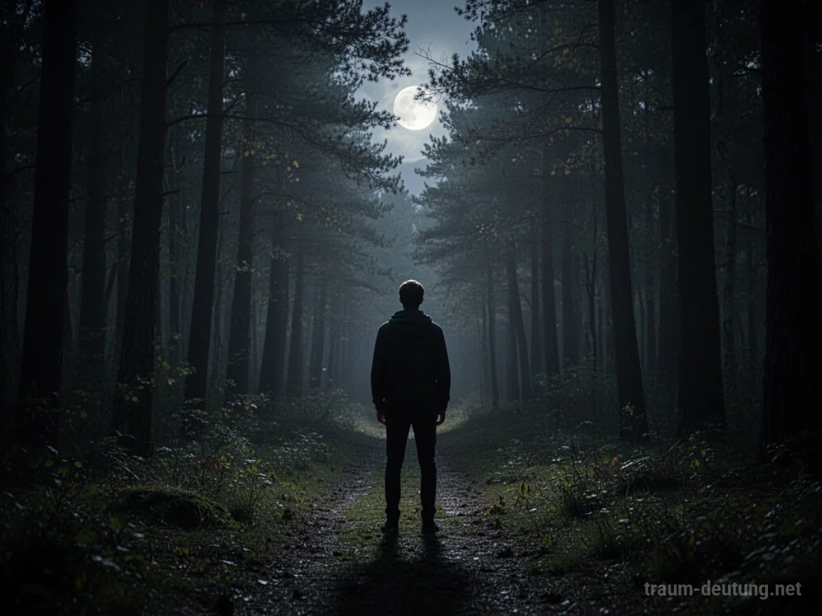 Silhouetten-Figur am Rand eines dunklen Waldes, die in die Finsternis späht.